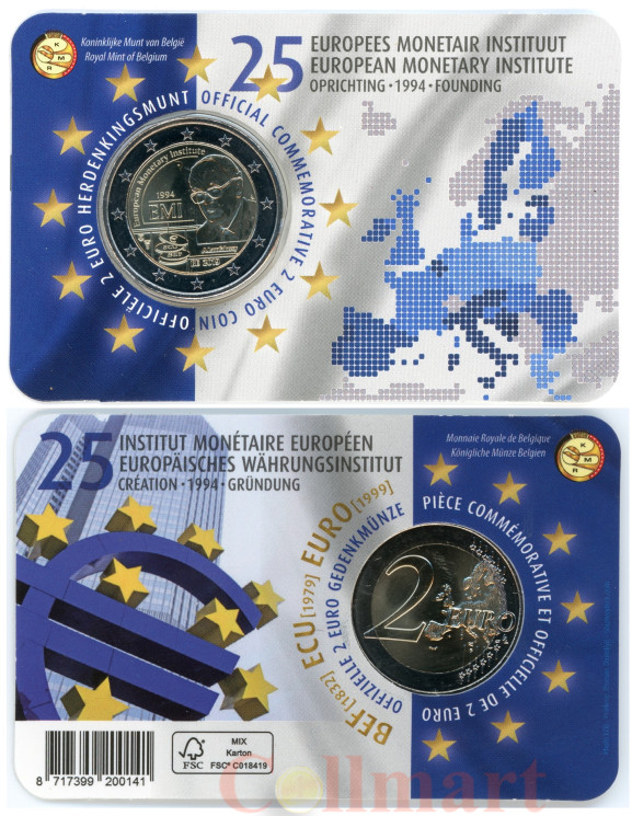  Бельгия. 2 евро 2019 год. 25 лет Европейскому валютному институту (EMI). 