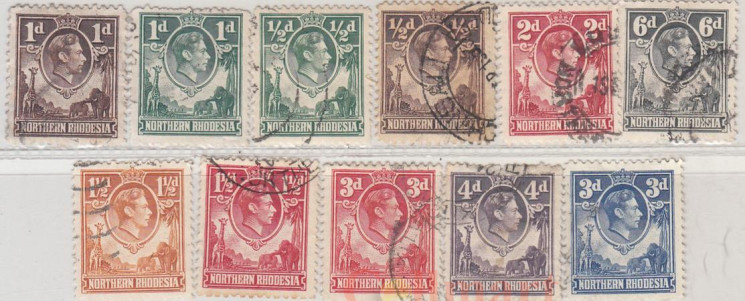  Набор марок. Северная Родезия. Король Георг VI и животные. 11 марок. 