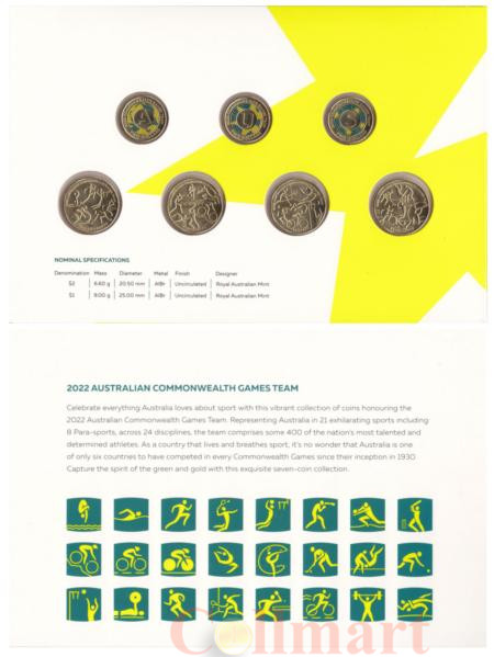  Австралия. Набор монет 2022 год. Команда Австралии на Играх Содружества, Бирмингем 2022. (7 штук в буклете) 